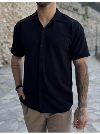 ανδρικό γκοφρέ μαύρο oversized κοντομάνικο πουκάμισο
