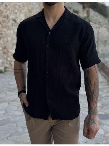 ανδρικό μαύρο βαμβακερό κοντομάνικο πουκάμισο tst2555