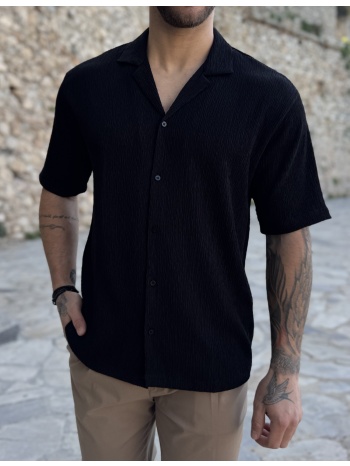 ανδρικό μαύρο κοντομάνικο πουκάμισο με σαγρέ ύφασμα tst2733