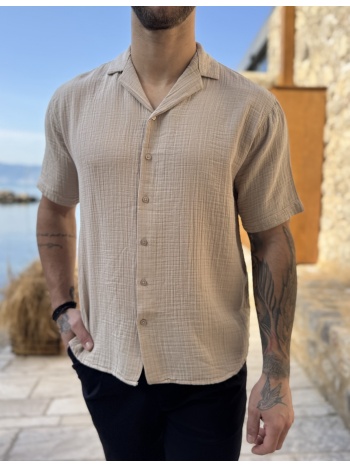 ανδρικό μπεζ βαμβακερό κοντομάνικο πουκάμισο tst2555b