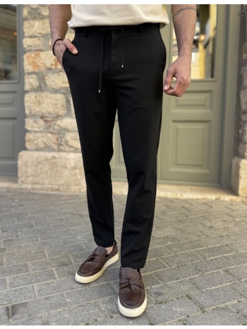 ανδρικό υφασμάτινο μαύρο παντελόνι με κορδόνι και κουμπί