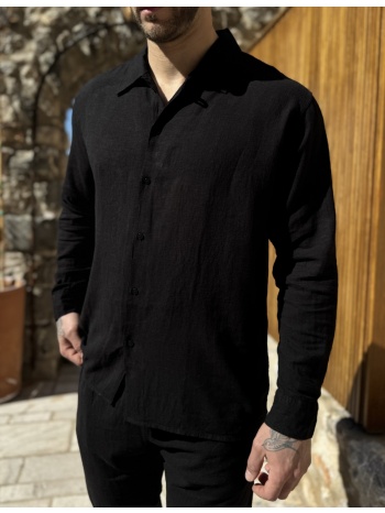 marrakech ανδρικό λινό μαύρο πουκάμισο με γιακά tst2530
