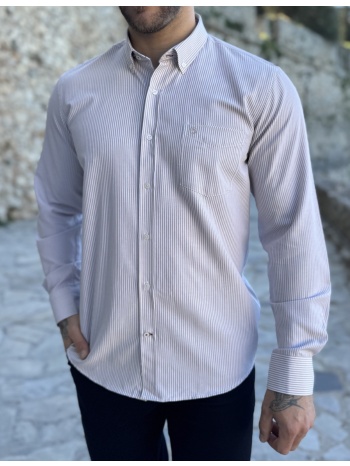 ανδρικό μπεζ ριγέ πουκάμισο με γιακά και τσέπη στο στήθος