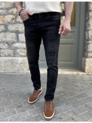 ανδρικό μαύρο τζιν παντελόνι με φθορές slim fit 50825