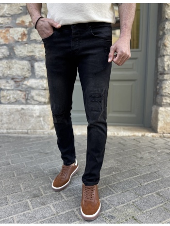 ανδρικό μαύρο τζιν παντελόνι με φθορές slim fit 50825