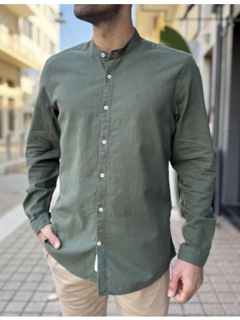 ανδρικό λινό χακί πουκάμισο με μάο γιακά 2347x