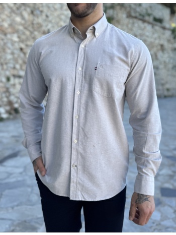 ανδρικό μπεζ βαμβακερό πουκάμισο oxford 966b