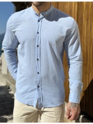 ανδρικό λινό σιέλ πουκάμισο με μάο γιακά 9663s