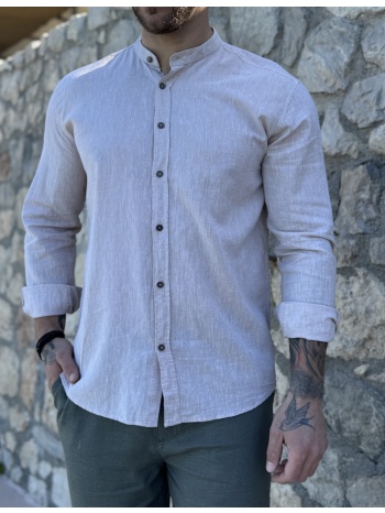 ανδρικό λινό σκούρο μπεζ πουκάμισο με μάο γιακά 9663p