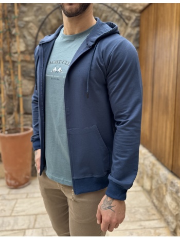 ανδρική μπλε indigo βαμβακερή ζακέτα με κουκούλα kef2630β