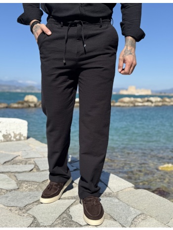 ανδρικό υφασμάτινο μαύρο παντελόνι με κορδόνι και κουμπί