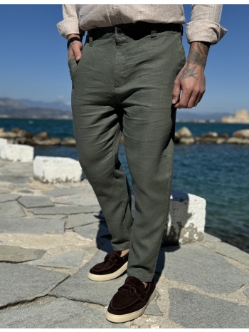 ανδρικό λαδί λινό υφασμάτινο παντελόνι με λάστιχο στην μέση