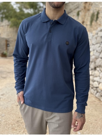 everbest ανδρική μπλε indigo πικέ polo μακρυμάνικη μπλούζα