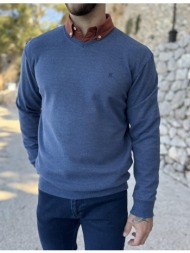 ανδρική μπλε indigo πλεκτή βαμβακερή μακρυμάνικη μπλούζα με v λαιμόκοψη zwk102