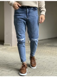 ανδρικό σκούρο μπλε ελαστικό loose τζιν με σκίσιμο πεντάτσεπο με φερμουάρ 8393