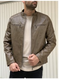 ανδρικό καφέ μπουφάν δερματίνη με ραφές στους ώμους και αποσπώμενη κουκούλα lr830826