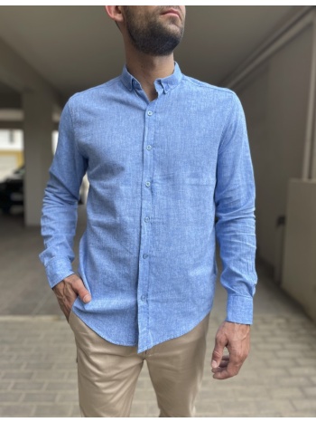 ανδρικό λινό σιέλ πουκάμισο με γιακά 9631