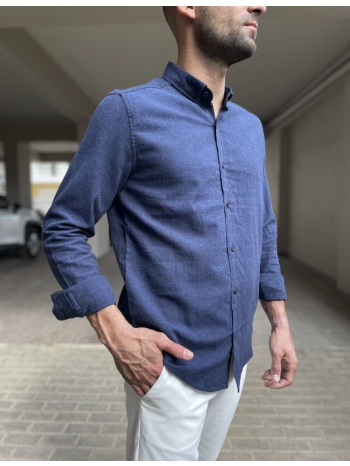 ανδρικό λινό σκόυρο μπλε πουκάμισο με γιακά 9631d