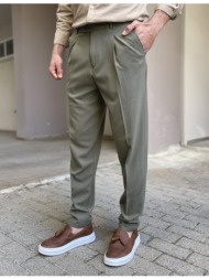 ανδρικό χακί υφασμάτινο παντελόνι με πιέτα και λάστιχο στην μέση fcl00295x