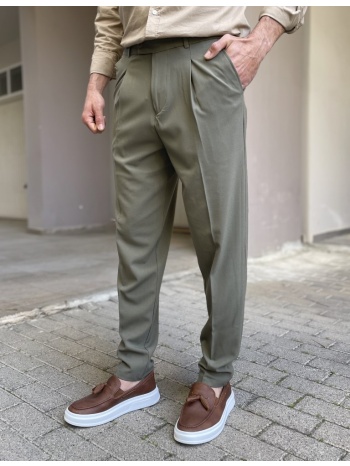 ανδρικό χακί υφασμάτινο παντελόνι με πιέτα και λάστιχο στην