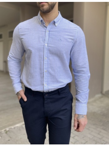 ανδρικό μπλε ριγέ πουκάμισο με γιακά 1564