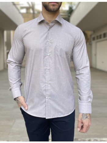 ανδρικό καφέ ανοιχτό πουκάμισο με γιακά και τσέπη στο