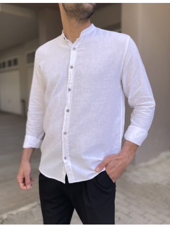ανδρικό λινό λευκό πουκάμισο με μάο γιακά 9663