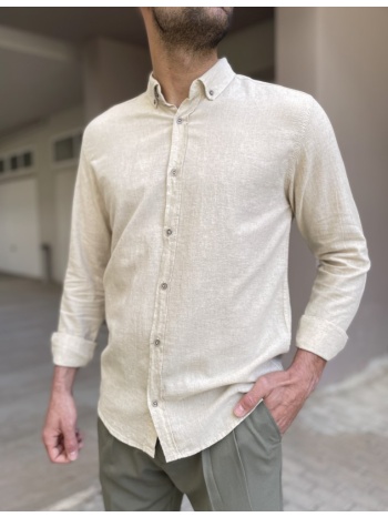 ανδρικό λινό μπεζ πουκάμισο με γιακά 9631s