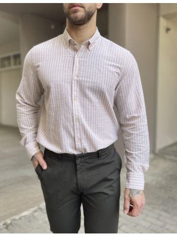 ανδρικό μπεζ ριγέ πουκάμισο με γιακά 1566
