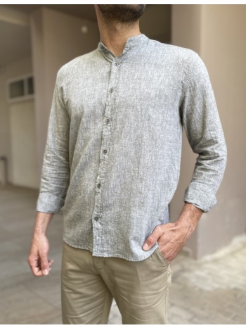 ανδρικό λινό χακί πουκάμισο με μάο γιακά 9663x