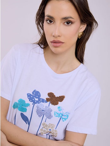 t-shirt με λουλούδια και strass sq7616.4936+1