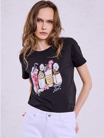 t-shirt με στάμπα και strass sq7616.4045+2