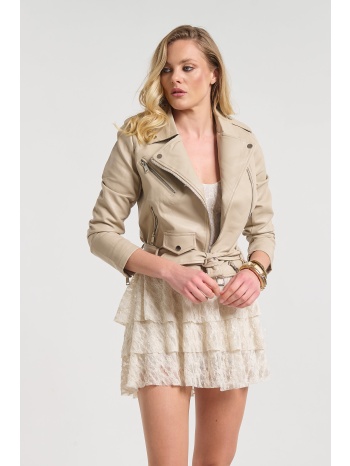 μπουφάν δερματίνη biker με ζώνη σε προσφορά