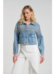 μπουφάν τζιν crop με πέρλες & κρυστάλλινα κρόσσια