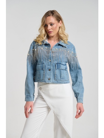 μπουφάν τζιν crop με πέρλες & κρυστάλλινα κρόσσια σε προσφορά