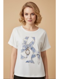 t-shirt dejavu με print φιόγκο και πέρλες