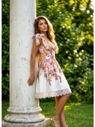 φόρεμα mini floral με cups και δετές τιράντες
