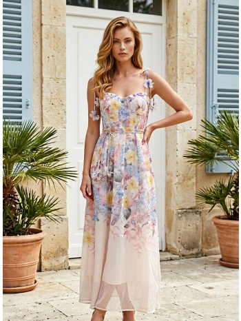 φόρεμα floral midi με στρας & τιράντες σε προσφορά