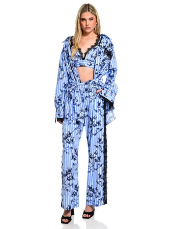 παντελόνι wecoss ριγέ με floral print και δαντέλα