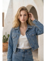 μπουφάν cropped denim με στρας
