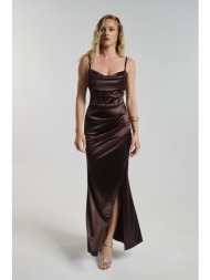 φόρεμα maxi satin με cups & σκίσιμο