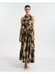 φόρεμα ble maxi με tropical print, ζώνη & γιακά