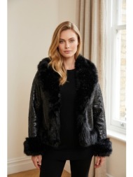 jacket δερματίνη με ενσωματωμένη γούνα & ζώνη