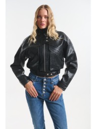 cropped jacket δερματίνη με ανάγλυφη πλέξη