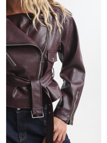 biker jacket δερματίνης με ζώνη & φερμουάρ