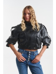 cropped jacket κροκό δερματίνη με ψηλό γιακά