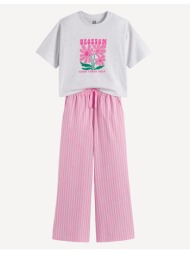 βαμβακερή πυτζάμα με t-shirt και ριγέ παντελόνι