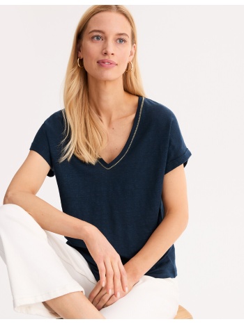 κοντομάνικη λινή μπλούζα με v