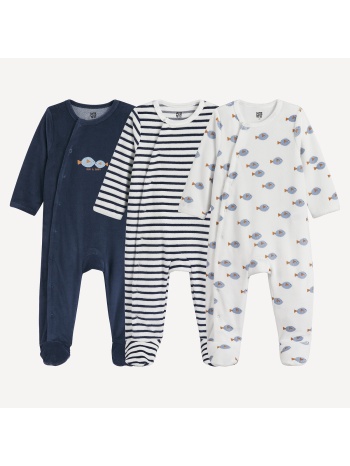 σετ 3 ολόσωμες βρεφικές πιτζάμες με σχέδια ψάρια και ρίγες