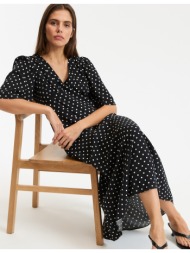 μακρύ φόρεμα σε εβαζέ γραμμή με πουά σχέδιο και κοντά μανίκια